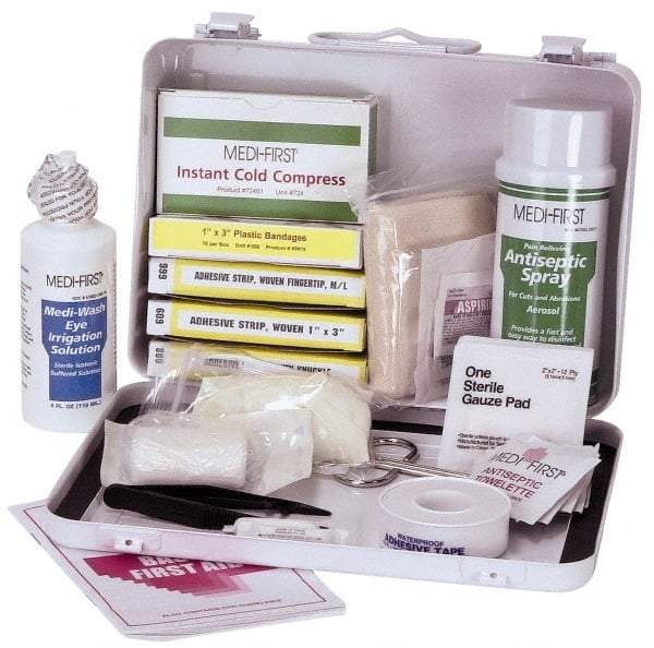 Medique - 24 Piece, 10 Person, Multipurpose/Auto/Travel First Aid Kit - 9-1/2" Wide x 2-3/4" Deep x 6-3/4" High, Metal Case - Best Tool & Supply