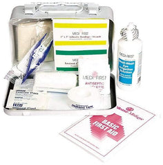 Medique - 52 Piece, 5 Person, Multipurpose/Auto/Travel First Aid Kit - 7-3/4" Wide x 2-3/4" Deep x 4-3/4" High, Metal Case - Best Tool & Supply