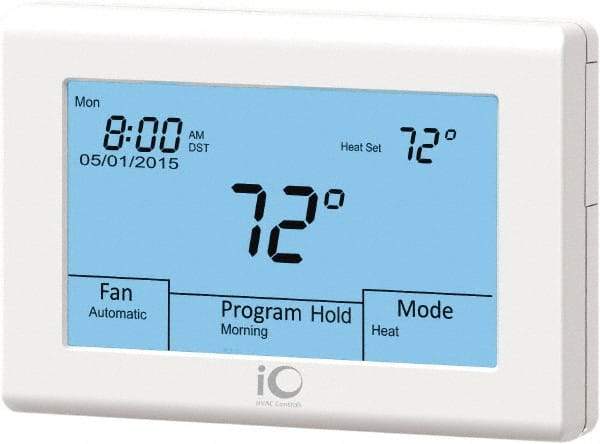 iO HVAC Controls - 41 to 122°F, Heat Pump (3 Heat, 2 Cool), Multi-Stage (2 Heat, 2 Cool), Digital Touchscreen Programmable Thermostat - 24 Volts, 1-1/4" Inside Depth x 3-3/4" Inside Height x 5-3/4" Inside Width, 2 Screw Mount, SPDT Switch - Best Tool & Supply