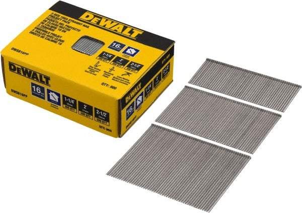 DeWALT - 16 Gauge 2-1/2" Long Finishing Nails for Power Nailers - Steel, Bright Finish, Smooth Shank, Angled Stick Collation, Round Head, Chisel Point - Best Tool & Supply