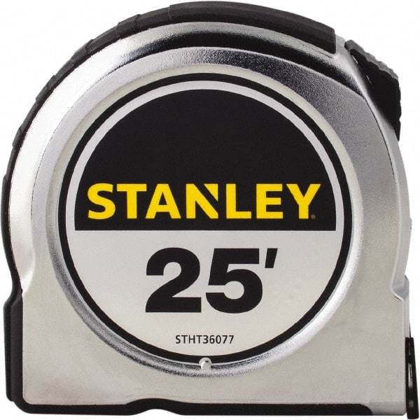 Stanley - 25' x 1" Yellow Steel Blade Tape Measure - 1/16" Graduation, Chrome ABS Plastic Case - Best Tool & Supply