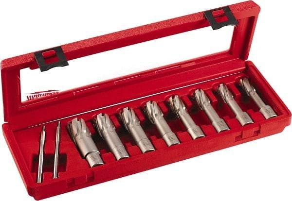 Milwaukee Tool - 8 Piece, 9/16 to 1-1/16" Cutter Diam, 2" Cutting Depth, Carbide-Tipped Annular Cutter Set - 9/16, 5/8, 11/16, 3/4, 13/16, 7/8, 15/16, 1-1/16" Cutter Diam - Best Tool & Supply