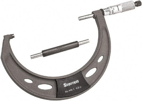 Starrett - 4 to 5" Range, 0.0001" Graduation, Mechanical Outside Micrometer - Ratchet Thimble, 2-3/4" Throat Depth, Accurate to 0.0001" - Best Tool & Supply