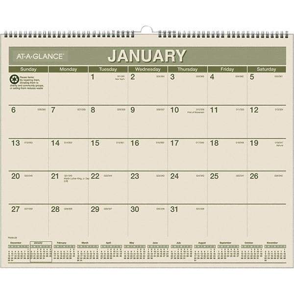 AT-A-GLANCE - 12 Sheet, 15 x 12", Wall Calendar - Green & White - Best Tool & Supply