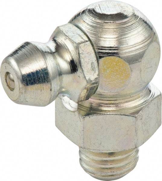 Umeta - 90° Head Angle, M6x0.75 Metric Steel Standard Grease Fitting - 9mm Hex, 18mm Overall Height, 5.5mm Shank Length, Zinc Plated Finish - Best Tool & Supply