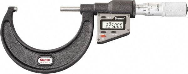 Starrett - 50.8 to 76 mm Range, 0.0001" Resolution, Standard Throat, Electronic Outside Micrometer - 0.0001" Accuracy, Friction Thimble, Micro Lapped Carbide Face, CR2450 Battery, Includes 3V Battery - Best Tool & Supply