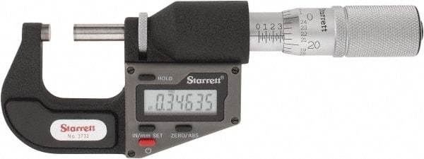 Starrett - 0 to 25 mm Range, 0.0001" Resolution, Standard Throat, Electronic Outside Micrometer - 0.0001" Accuracy, Friction Thimble, Micro Lapped Carbide Face, CR2450 Battery, Includes 3V Battery - Best Tool & Supply