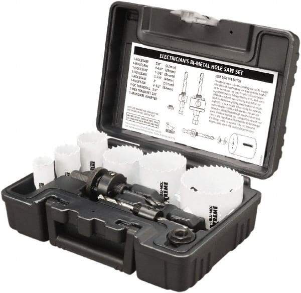 Disston - 9 Piece, 7/8" to 2-1/2" Saw Diam, Electrician's Hole Saw Kit - Bi-Metal, Toothed Edge, Pilot Drill Model No. E0102457, Includes 6 Hole Saws - Best Tool & Supply