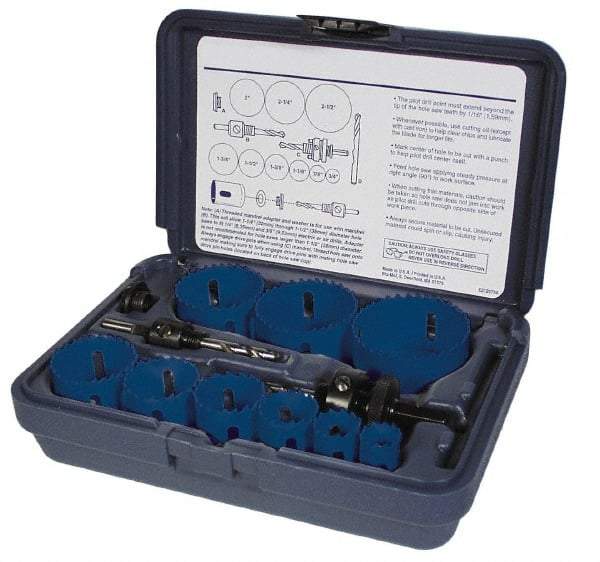 Disston - 9 Piece, 3/4" to 2-1/4" Saw Diam, Plumber's Hole Saw Kit - Bi-Metal, Toothed Edge, Pilot Drill Model No. E0102457, Includes 6 Hole Saws - Best Tool & Supply