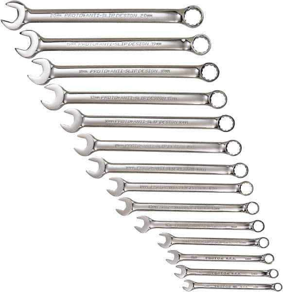 Proto - 14 Piece, 7mm to 20mm, 12 Point Combination Wrench Set - Metric Measurement Standard, Full Polish Chrome Finish, Comes in Tool Roll - Best Tool & Supply