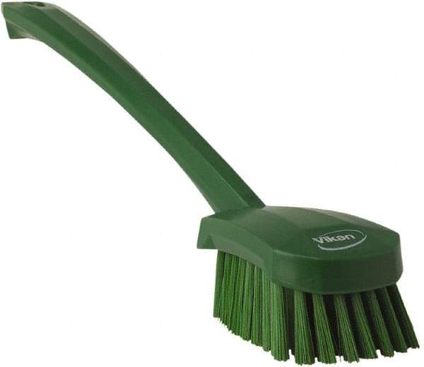 Vikan - 1.3" Bristle Length, Polyester Scrub Brush - 4" Long x 2-3/4" Wide Head, 15-3/4" OAL, Green, Polypropylene Block - Best Tool & Supply