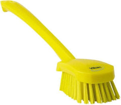 Vikan - 1.3" Bristle Length, Polyester Scrub Brush - 4" Long x 2-3/4" Wide Head, 15-3/4" OAL, Yellow, Polypropylene Block - Best Tool & Supply