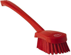 Vikan - 1.3" Bristle Length, Polyester Scrub Brush - 4" Long x 2-3/4" Wide Head, 15-3/4" OAL, Red, Polypropylene Block - Best Tool & Supply