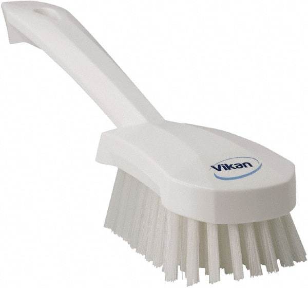 Vikan - 1.3" Bristle Length, Polyester Scrub Brush - 4-1/4" Long x 2-3/4" Wide Head, 10" OAL, White, Polypropylene Block - Best Tool & Supply