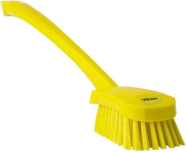 Vikan - 1.3" Bristle Length, Polyester Scrub Brush - 4" Long x 2-3/4" Wide Head, 15-3/4" OAL, Yellow, Polypropylene Block - Best Tool & Supply