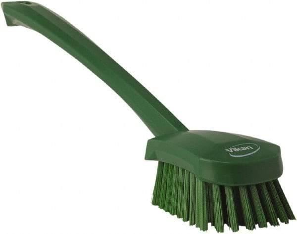 Vikan - 1.3" Bristle Length, Polyester Scrub Brush - 4" Long x 2-3/4" Wide Head, 15-3/4" OAL, Green, Polypropylene Block - Best Tool & Supply