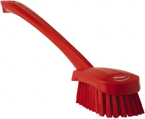 Vikan - 1.3" Bristle Length, Polyester Scrub Brush - 4" Long x 2-3/4" Wide Head, 15-3/4" OAL, Red, Polypropylene Block - Best Tool & Supply