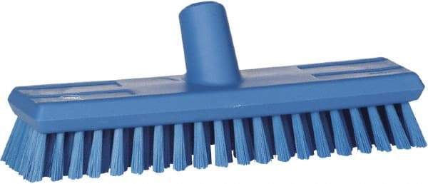 Vikan - 1.3" Bristle Length, Polyester Scrub Brush - 10-3/4" Long x 2-1/2" Wide Head, 11" OAL, European Threaded Handle, Blue, Polypropylene Block - Best Tool & Supply