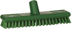 Vikan - 1" Bristle Length, Polyester Scrub Brush - 10-5/8" Long x 2-1/2" Wide Head, 11" OAL, European Threaded Handle, Green, Polypropylene Block - Best Tool & Supply