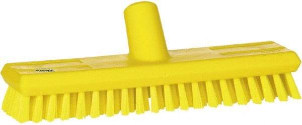 Vikan - 1" Bristle Length, Polyester Scrub Brush - 10-5/8" Long x 2-1/2" Wide Head, 11" OAL, European Threaded Handle, Yellow, Polypropylene Block - Best Tool & Supply