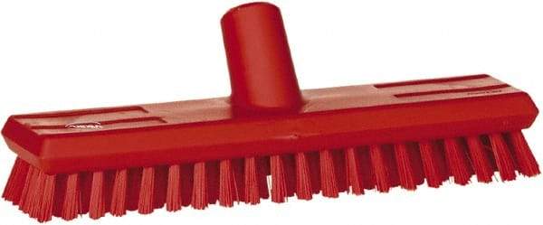 Vikan - 1" Bristle Length, Polyester Scrub Brush - 10-5/8" Long x 2-1/2" Wide Head, 11" OAL, European Threaded Handle, Red, Polypropylene Block - Best Tool & Supply