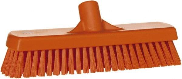 Vikan - 1.7" Bristle Length, Polyester Scrub Brush - 11-1/4" Long x 3" Wide Head, 12" OAL, European Threaded Handle, Orange, Polypropylene Block - Best Tool & Supply