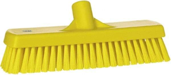 Vikan - 1.7" Bristle Length, Polyester Scrub Brush - 11-1/4" Long x 3" Wide Head, 12" OAL, European Threaded Handle, Yellow, Polypropylene Block - Best Tool & Supply