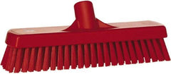 Vikan - 1.7" Bristle Length, Polyester Scrub Brush - 11-1/4" Long x 3" Wide Head, 12" OAL, European Threaded Handle, Red, Polypropylene Block - Best Tool & Supply