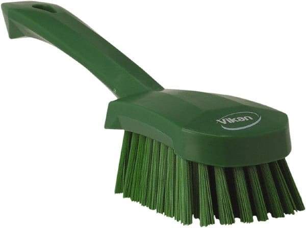 Vikan - 1.3" Bristle Length, Polyester Scrub Brush - 4-1/4" Long x 2-3/4" Wide Head, 10" OAL, Green, Polypropylene Block - Best Tool & Supply