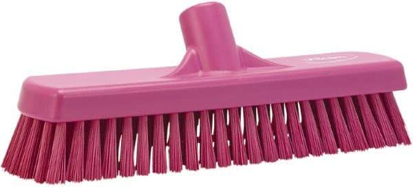 Vikan - 1.7" Bristle Length, Polyester Scrub Brush - 11-1/4" Long x 3" Wide Head, 12" OAL, European Threaded Handle, Pink, Polypropylene Block - Best Tool & Supply