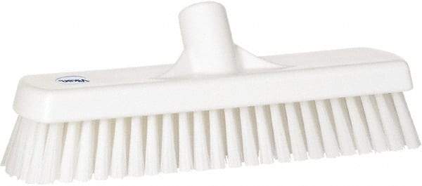 Vikan - 1.7" Bristle Length, Polyester Scrub Brush - 11-1/4" Long x 3" Wide Head, 12" OAL, European Threaded Handle, White, Polypropylene Block - Best Tool & Supply