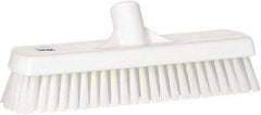 Vikan - 1.7" Bristle Length, Polyester Scrub Brush - 11-1/4" Long x 3" Wide Head, 12" OAL, European Threaded Handle, White, Polypropylene Block - Best Tool & Supply