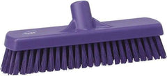 Vikan - 1.7" Bristle Length, Polyester Scrub Brush - 11-1/4" Long x 3" Wide Head, 12" OAL, European Threaded Handle, Purple, Polypropylene Block - Best Tool & Supply