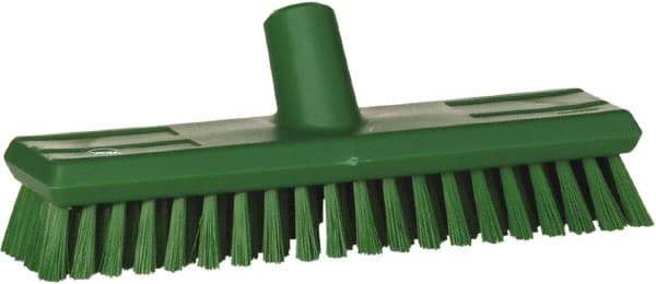 Vikan - 1.3" Bristle Length, Polyester Scrub Brush - 10-3/4" Long x 2-1/2" Wide Head, 11" OAL, European Threaded Handle, Green, Polypropylene Block - Best Tool & Supply