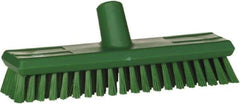 Vikan - 1.3" Bristle Length, Polyester Scrub Brush - 10-3/4" Long x 2-1/2" Wide Head, 11" OAL, European Threaded Handle, Green, Polypropylene Block - Best Tool & Supply