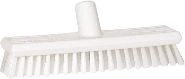 Vikan - 1.3" Bristle Length, Polyester Scrub Brush - 10-3/4" Long x 2-1/2" Wide Head, 11" OAL, European Threaded Handle, White, Polypropylene Block - Best Tool & Supply