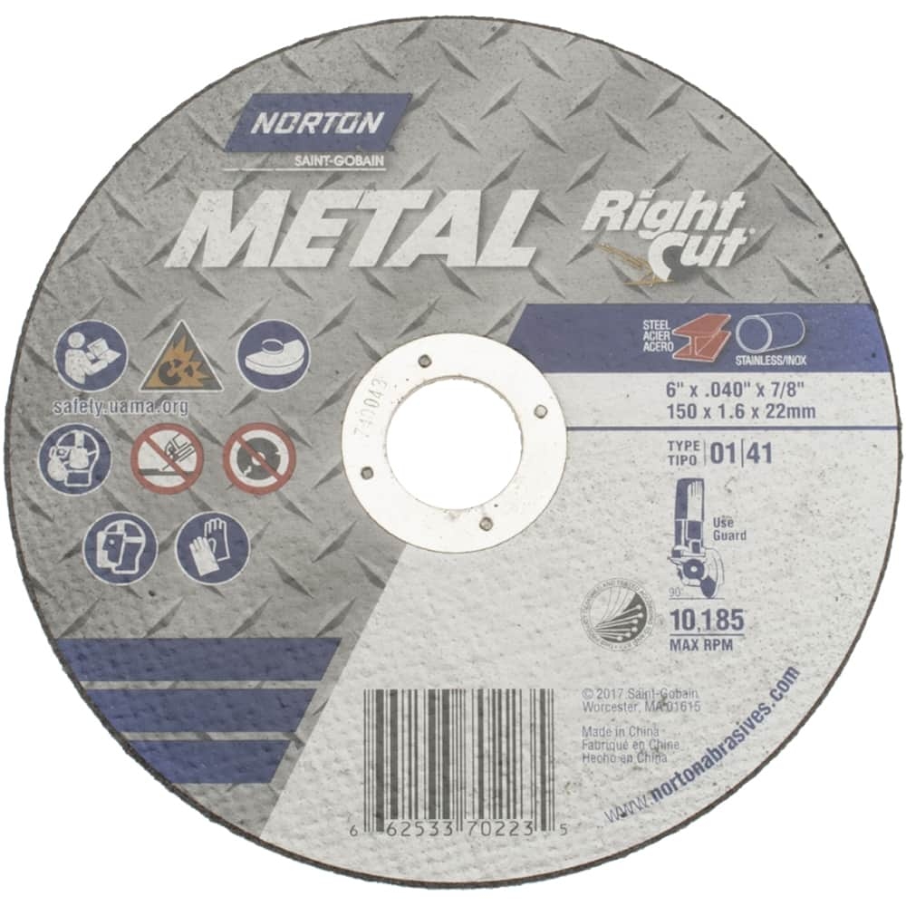 Norton - 6 x 0.04, 7/8" Hole 46 Grit Aluminum Oxide Cutoff Wheel - Exact Industrial Supply