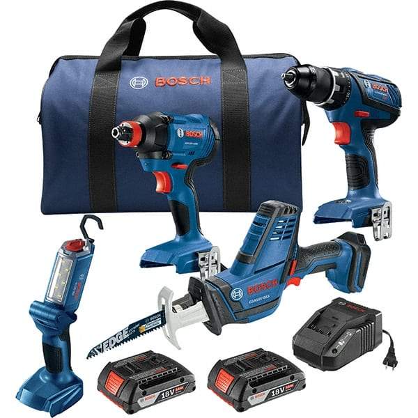 Bosch - 13 Piece 18 Volt Cordless Tool Combination Kit - Includes 1/2" Compact Drill/Driver, Impact Driver, Compact Reciprocating Saw & Work Light, Lithium-Ion Battery Included - Best Tool & Supply