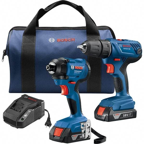 Bosch - 7 Piece 18 Volt Cordless Tool Combination Kit - Includes 1/2" Compact Drill/Driver & 1/4" Impact Driver, Lithium-Ion Battery Included - Best Tool & Supply