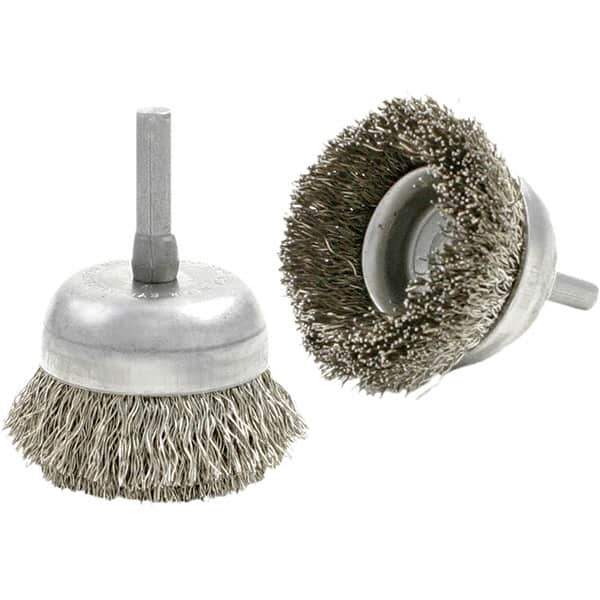 Brush Research Mfg. - 1-3/4" Diam, 1/4 Threaded Arbor, Carbon Steel Fill Cup Brush - 0.0118 Wire Diam, 1/2" Trim Length, 10,000 Max RPM - Best Tool & Supply