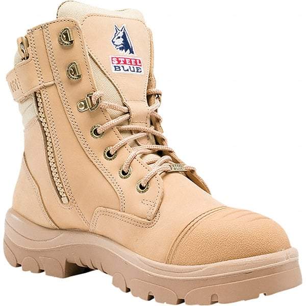 Steel Blue - Men's Size 8 Wide Width Steel Work Boot - Sand, Leather Upper, TPU Outsole, 6" High, Lace-Up, Side Zip - Best Tool & Supply