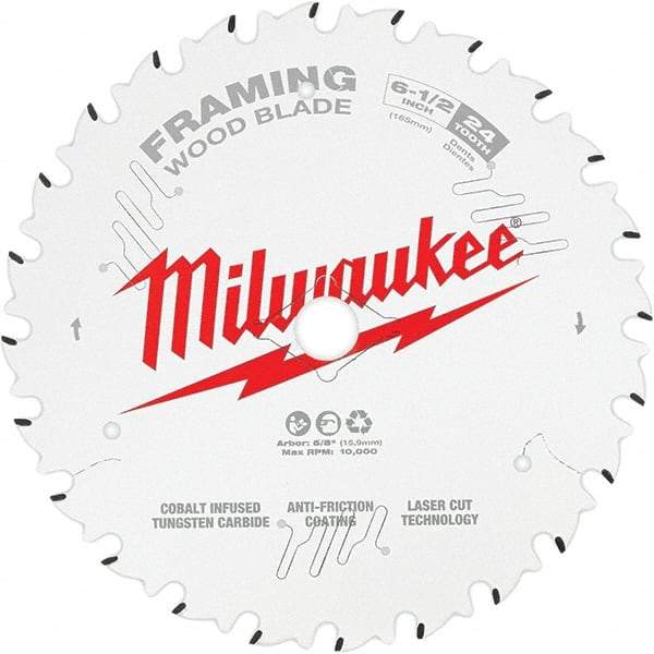 Milwaukee Tool - 6-1/2" Diam, 5/8" Arbor Hole Diam, 24 Tooth Wet & Dry Cut Saw Blade - Tungsten Carbide-Tipped, Framing Action, Standard Round Arbor - Best Tool & Supply