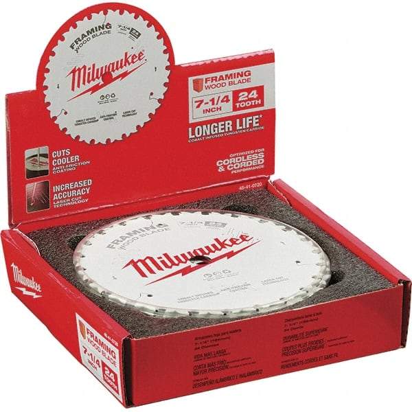 Milwaukee Tool - 7-1/4" Diam, 5/8" Arbor Hole Diam, 24 Tooth Wet & Dry Cut Saw Blade - Tungsten Carbide-Tipped, Framing Action, Standard Round Arbor - Best Tool & Supply