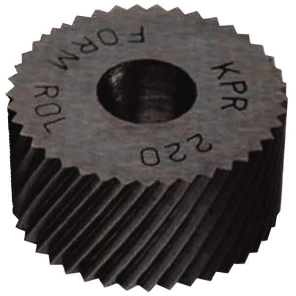 Made in USA - 5/16" Diam, 90° Tooth Angle, 25 TPI, Standard (Shape), Form Type Cobalt Right-Hand Diagonal Knurl Wheel - 5/32" Face Width, 1/8" Hole, Circular Pitch, 30° Helix, Bright Finish, Series BP - Exact Industrial Supply