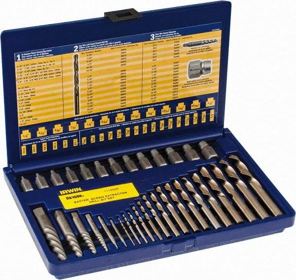 Irwin Hanson - 35 Piece Spiral Flute Screw Extractor & Drill Set - Screw Range 1/8 to 1/2" - Best Tool & Supply