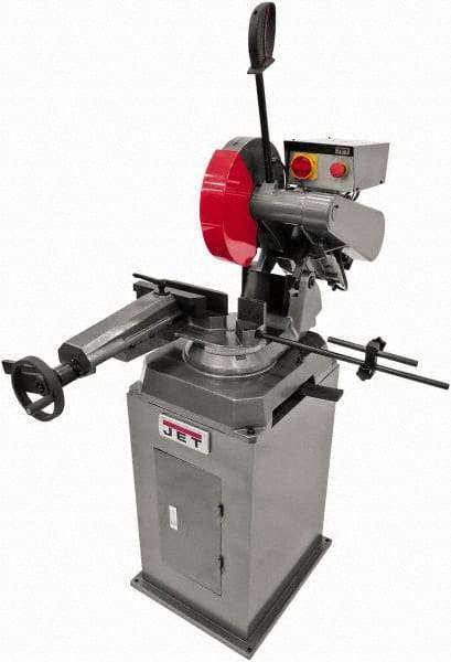 Jet - 11-1/2" Blade Diam, Straight/Miter Chop & Cut-Off Saw - 3 Phase, 3,450 RPM, 5 hp, 230/460 Volts, 4" Capacity in Pipe at 90°, 3-1/2" Capacity in Solids at 45° - Best Tool & Supply