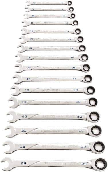 GearWrench - 16 Piece, 8mm to 24mm, Ratcheting Combination Wrench Set - Metric Measurement Standard, Chrome Finish - Best Tool & Supply