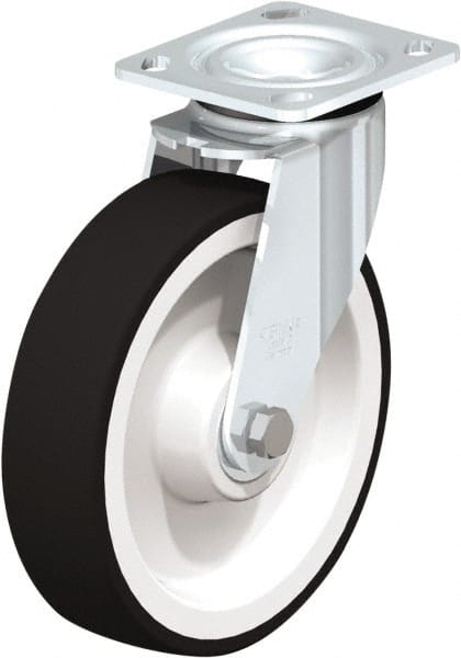 Swivel Top Plate Caster: Polyurethane, 8″ Wheel Dia, 2″ Wheel Width, 1,250 lb Capacity, 2-23/64″ OAH Polyurethane, 1,250 Lb Capacity, Ball Bearing, 4 x 4-1/2″ Plate