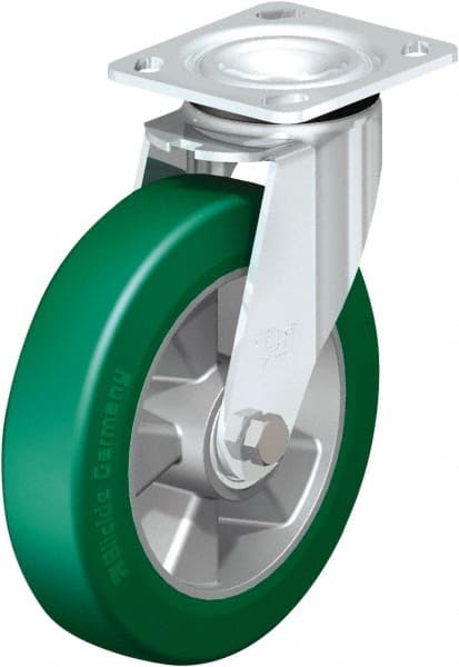 Swivel Top Plate Caster: Polyurethane, 8″ Wheel Dia, 2″ Wheel Width, 1,250 lb Capacity, 2-23/64″ OAH Polyurethane, 1,250 Lb Capacity, Ball Bearing, 4 x 4-1/2″ Plate