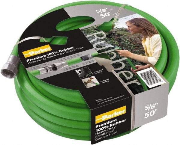 Parker - 100' Long Garden Hose - 5/8" Diam, 3/4" GHT, Rubber, 125 psi, Green - Best Tool & Supply